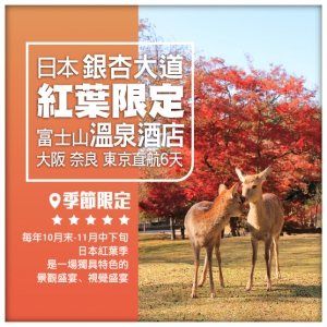 【日本●紅葉限定】大阪 奈良公園 富士山（住溫泉酒店）銀杏大道 東京直航6天