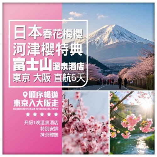 【日本●春花梅櫻】東京 大阪 河津櫻特典 奈良公園 清水寺 富士山溫泉酒店 直航6天